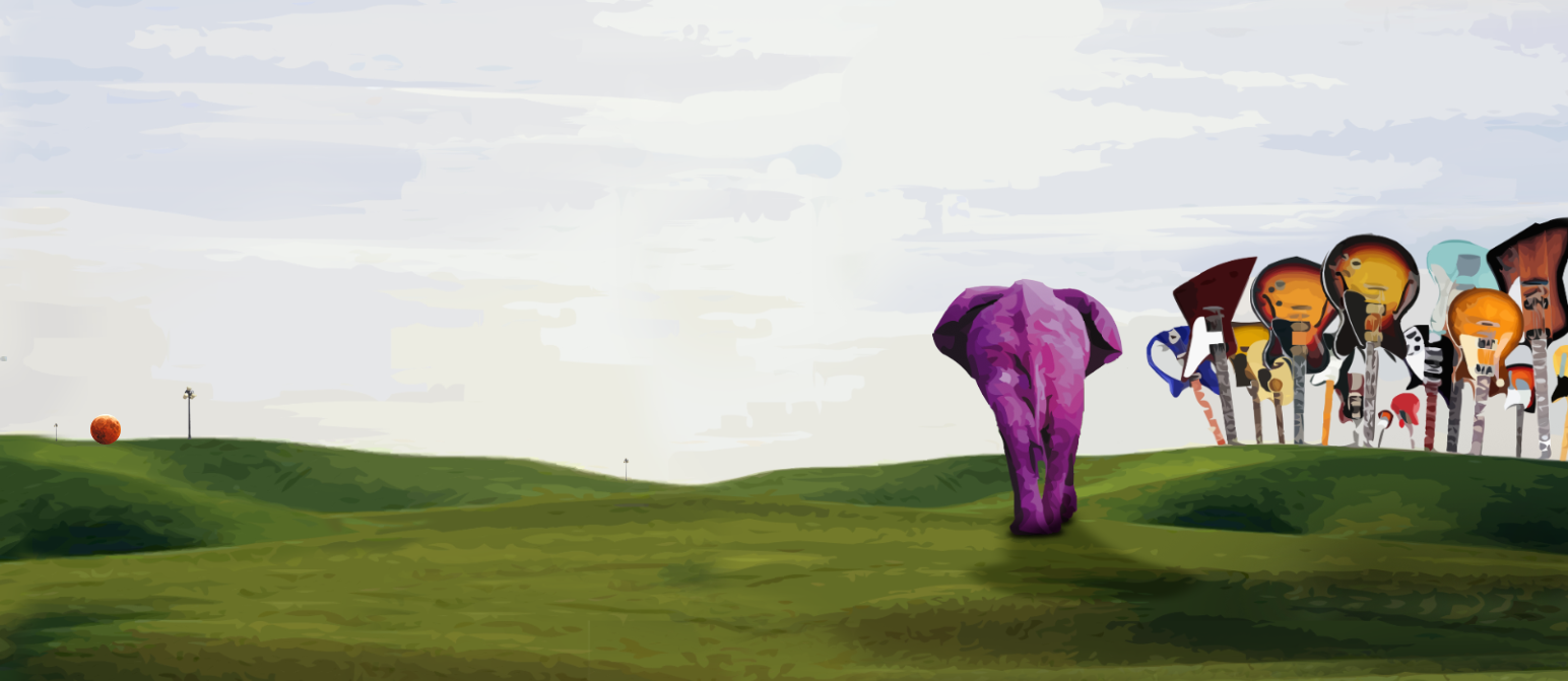 Surreal landscape with a purple elephant and a row of guitars growing from green hills